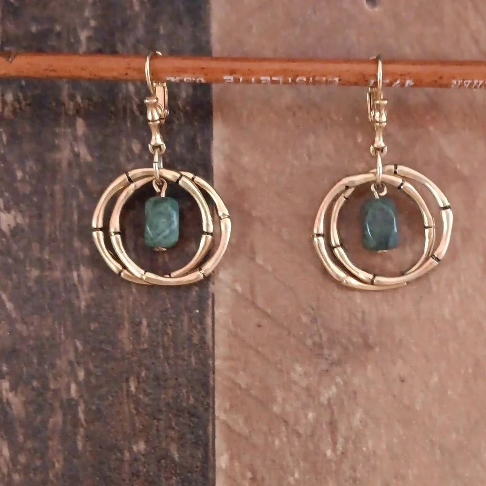 Gold Tone Dangle Jade Lever Back Earrings